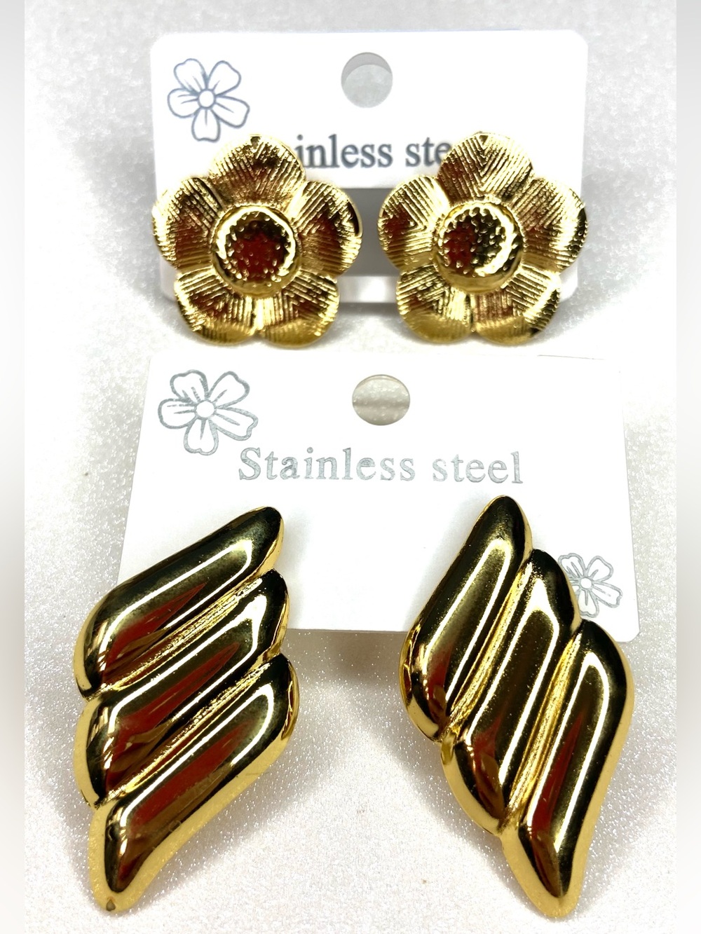 2 Gold Flower and Wing Stainless Steel Earring Set - Gold